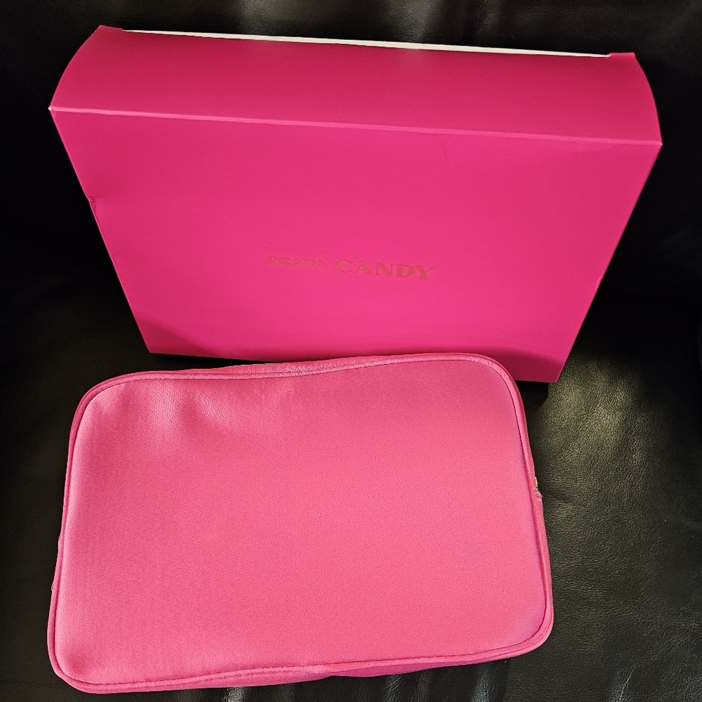 Prada Candy Pink Satin Cosmetic Bag w Box Travel Case New - Picture 11 of 12